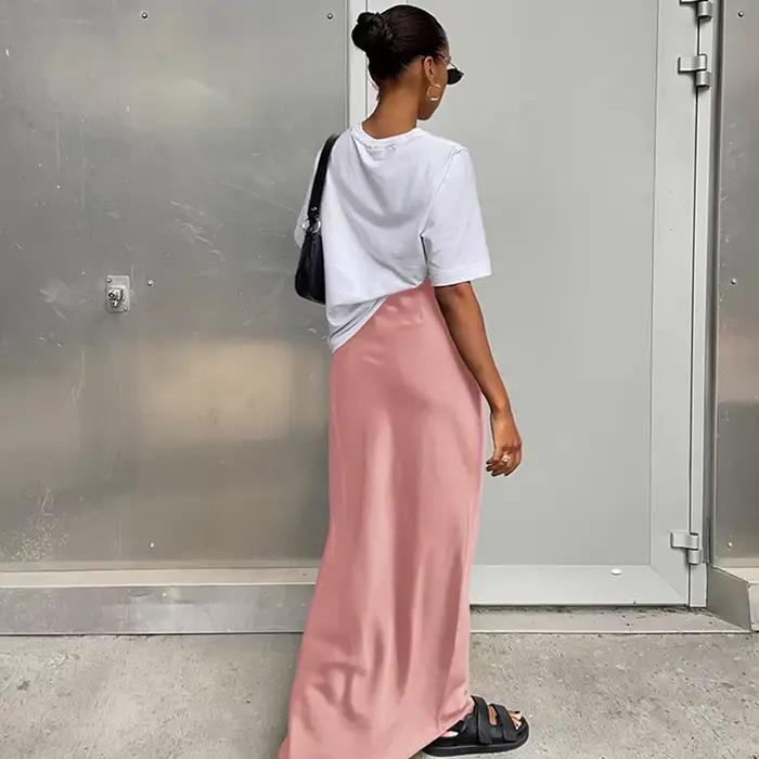 Jupe trompent en satin noir pour femme, élégante, taille haute, mince, couleur unie, longue, bureau,