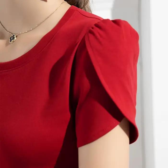 Femmes doux pétale à manches courtes coton T-shirts hauts dame O cou t-shirt pulls hauts pour les fi