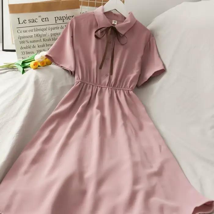 Robe en mousseline de soie avec nœud pour femme, monochromatique, taille haute, col rabattu, style p