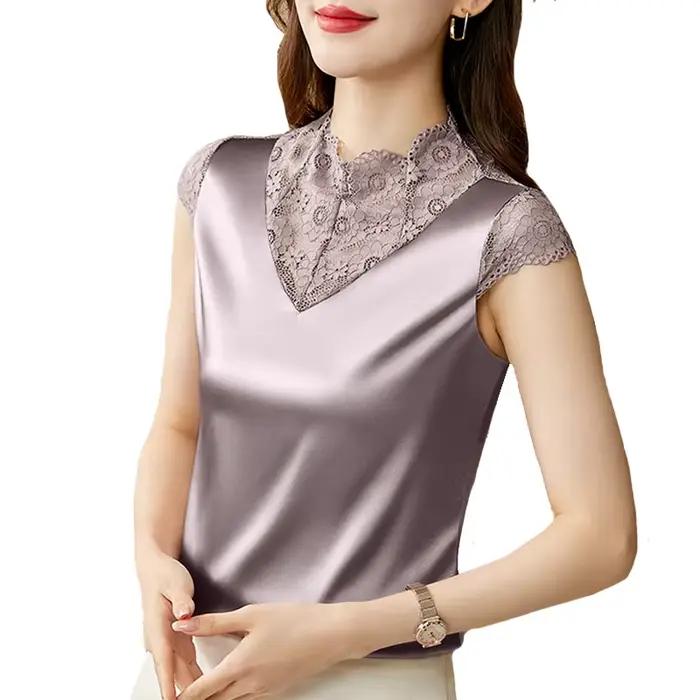 M-4XL Élégant Manches Courtes Dentelle Chemise De Mode Patchwork injSatin précieux Top D'été Casual