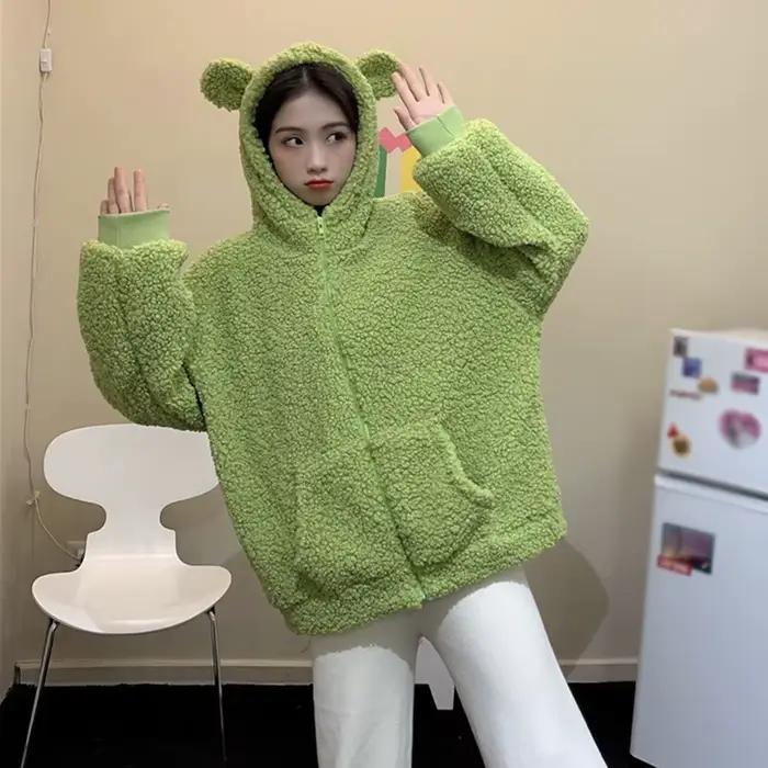 Sweat à capuche zippé en fausse fourrure pour femme, sweats à capuche doux avec oreilles d'ours en p