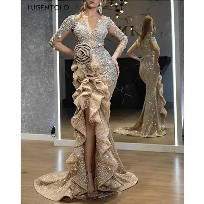 Lugentolo-Robe de soirée à paillettes pour femmes, nœud mince, manches longues, col rond, maille élé