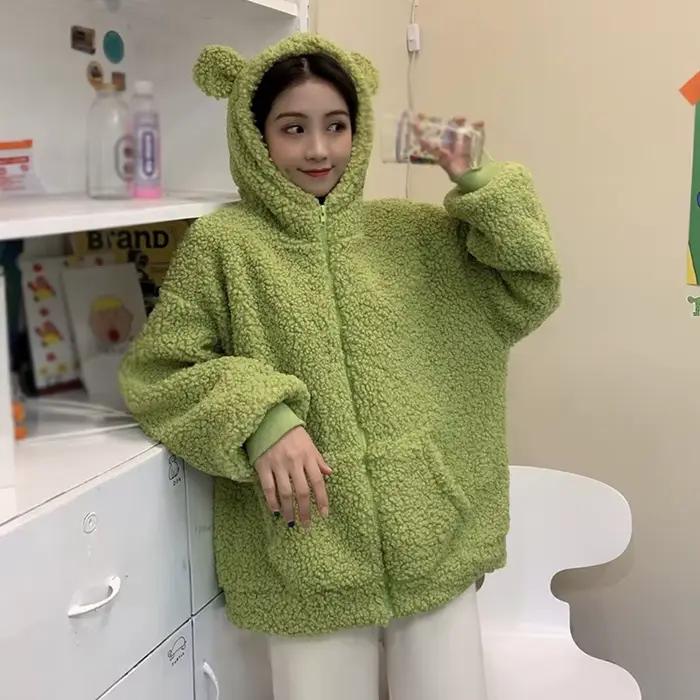 Sweat à capuche zippé en fausse fourrure pour femme, sweats à capuche doux avec oreilles d'ours en p