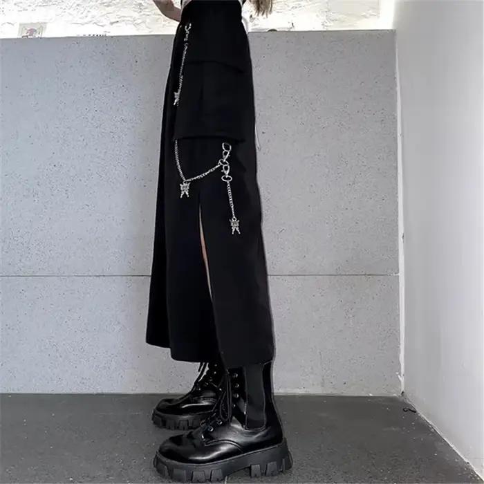 Jupe longue noire de Style coréen pour femmes, avec chaîne, fente latérale, Hip Hop, Streetwear, gra