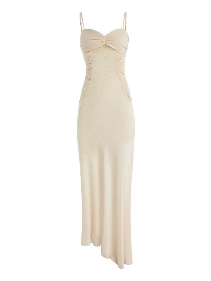 Mingmingxi – robe longue d'été pour femmes, Beige, élégante, en dentelle, avec ourlet, bretelles Spa