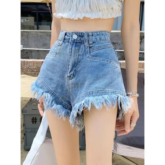 Short en Denim taille haute pour femmes, nouveau Design, jambes larges, ample, pompon en forme de A,