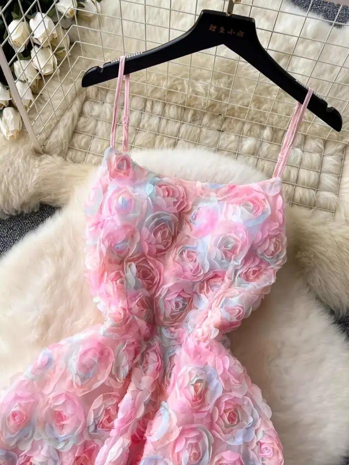 JAMERARY-Robe rose fleurie 3D pour femme, mini robe de Rhde luxe, style palais, vacances de célébrit