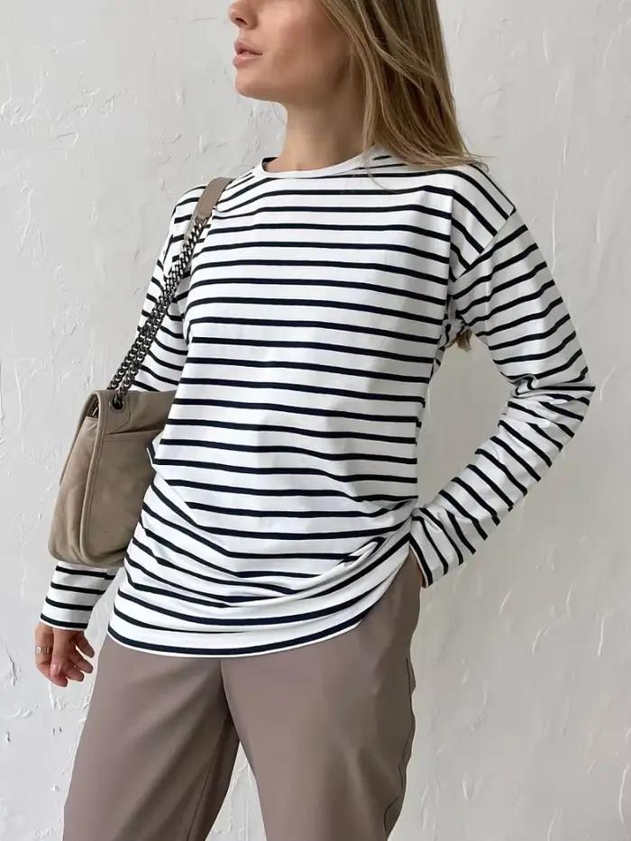 Bornladies 2025 été à manches longues rayé T-Shirts femmes basique décontracté hauts femme confortab