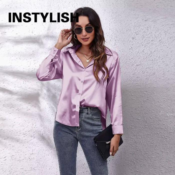 Chemise en satin élégante pour femmes, chemisier décontracté à manches longues en fausse soie, haut