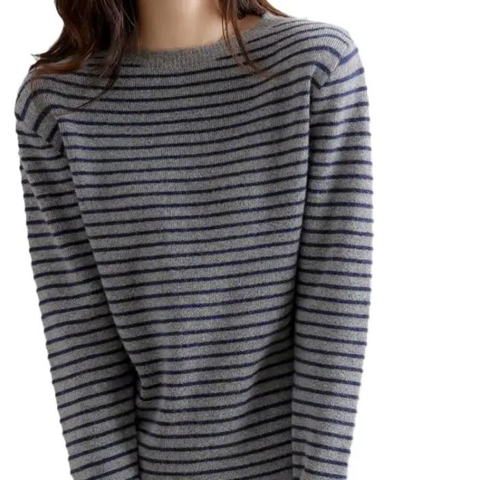 Pull décontracté à manches longues pour femmes, pulls rayés à col rond, pull basique, tricots chauds