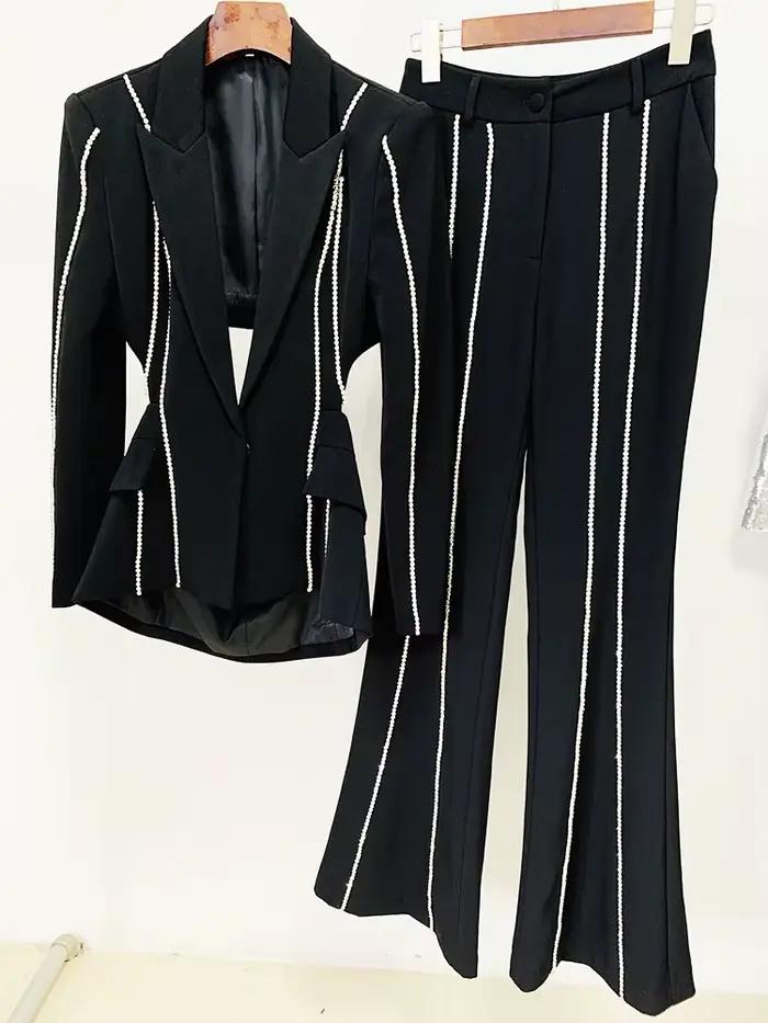 Ensemble blazer et pantalon évasé à revers perlé pour femme, bouton unique évidé, diamants, haute qu
