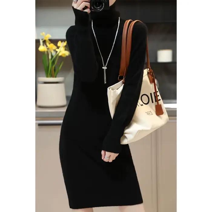 Robe pull en cachemire pour femme, tenue élégante en laine mérinos, col roulé, tricotée, décontracté