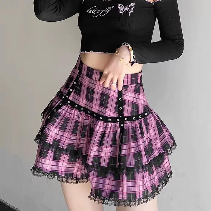 FISalle de bain R Mall Goth Gothic Lace Ruffle Mini Jupes pour femmes, Harajuku Grunge, Rose nickel