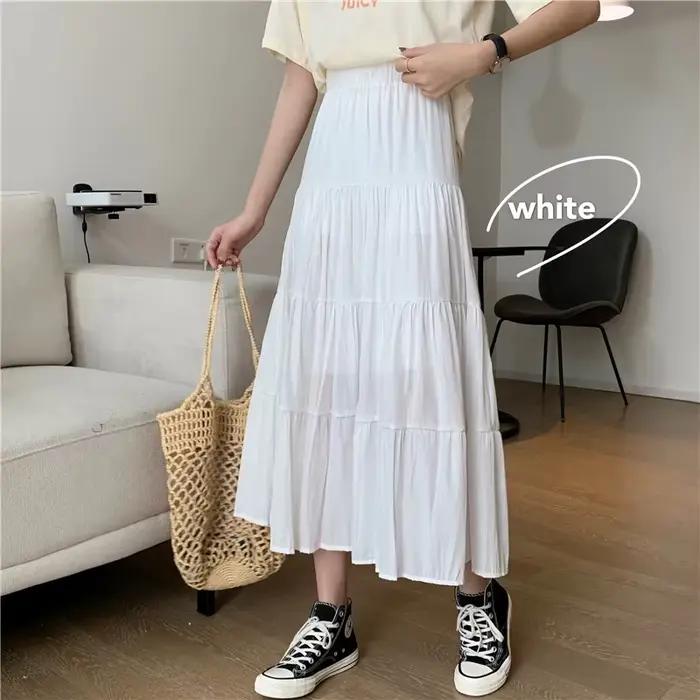 Jupe trapèze en mousseline de soie pour femme, vintage, taille haute, élastique, patchwork, blanc, n