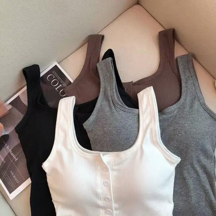 Camisole Slim sans manches à bretelles Spaghetti pour femmes, couleur unie, avec coussinet de poitri