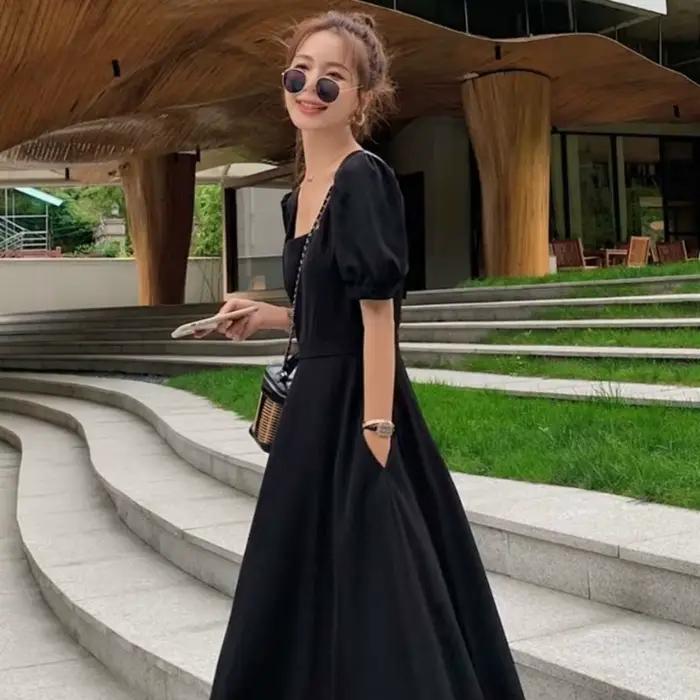 Robe Chic Vintage Noire pour Femme, Taille Haute, Col Carré, Manches Bouffantes, Nministériels d Tra