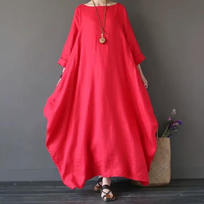 Robe longue en coton et lin pour femmes, mode coréenne, manches longues, col rond, Maxi caftan, Vint