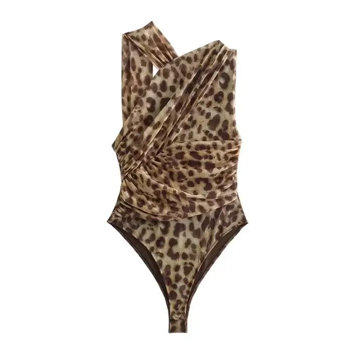 MUJER imprimé léopard Body femmes Tulle noir Sexy Body costumes femme froncé maille Body femmes Sexy