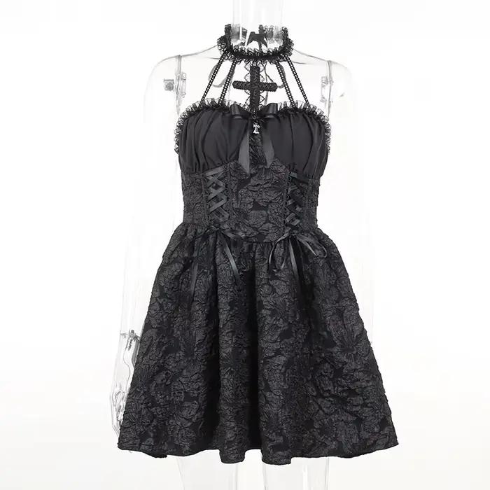 Mini robe gothique noire vintage pour femmes, robes taille haute, bretelles spaghetti sexy, punk gru