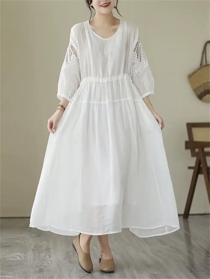 Robes d'été vintage de couleur unie pour femmes 2026 – Robe longue décontractée et respirante, éléga