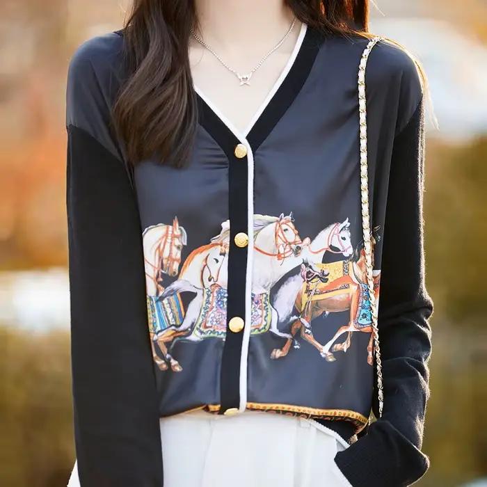Cardigan imprimé à col en v pour femmes, 100% laine, couture de soie, pull, nouveau, décontracté, tr