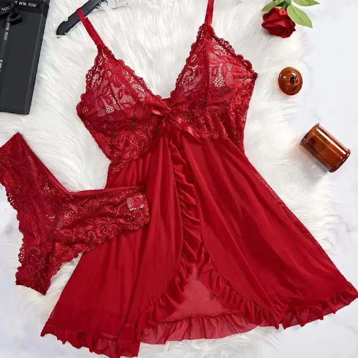 Rose Transparent Sexy Lingerie femmes culottes voir à travers les vêtements de nuit dentelle col en