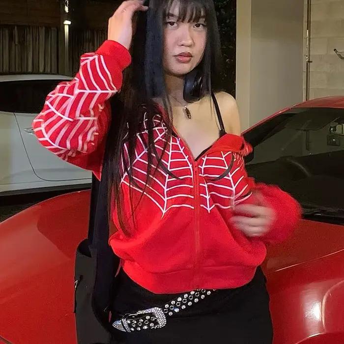Y2k strass squelette veste à capuche femmes gothique noir fermeture éclair surdimensionné sweats fem