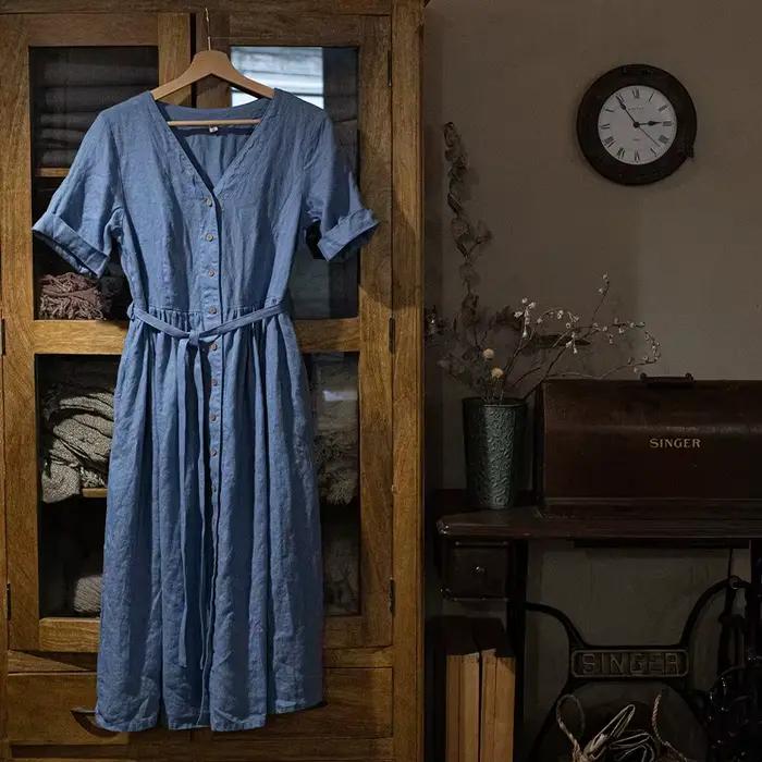 Robe longue rétro en coton et lin pour femme, col en V, manches courtes, boutons, couleur unie, stre