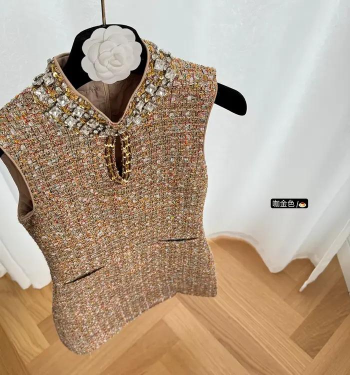 Mini robe de luxe en Tweed pour jeunes filles, couleur Vintage, douce, diamants, sans manches, tissa