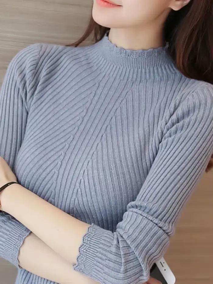 Pull tricoté décontracté à col montant et volants pour femme, manches longues, uni, à rayures, colle