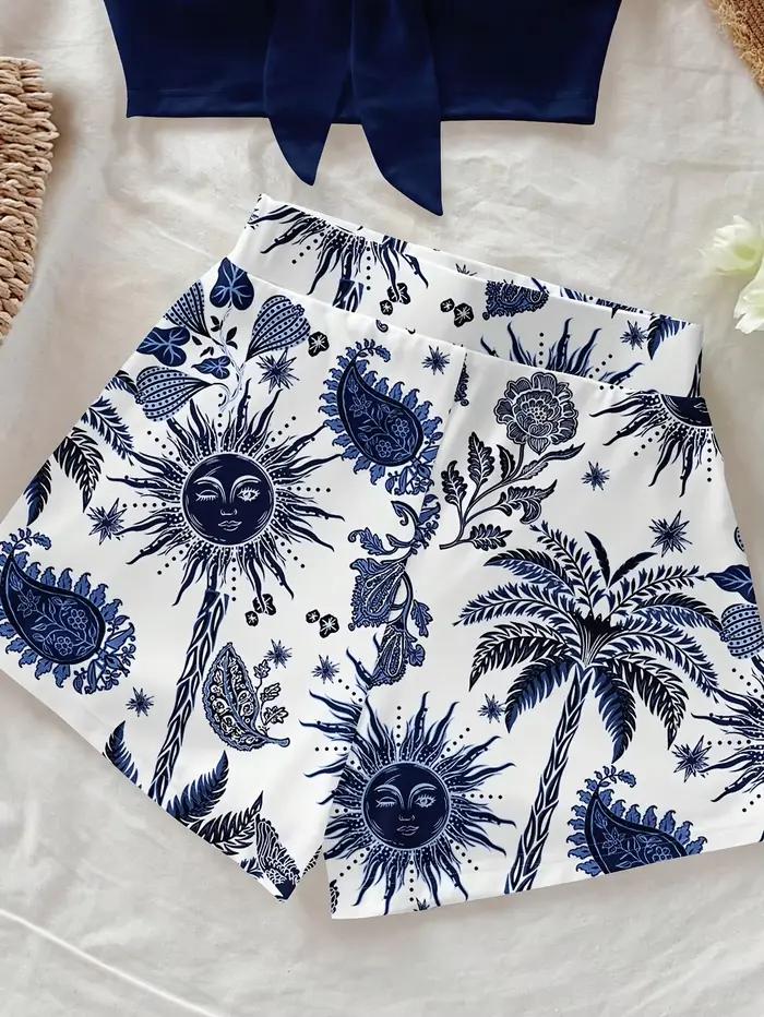 Ensemble 2 pièces pour femmes, imprimé cocotier et Dieu du Soleil, idéal pour les vacances d'été et
