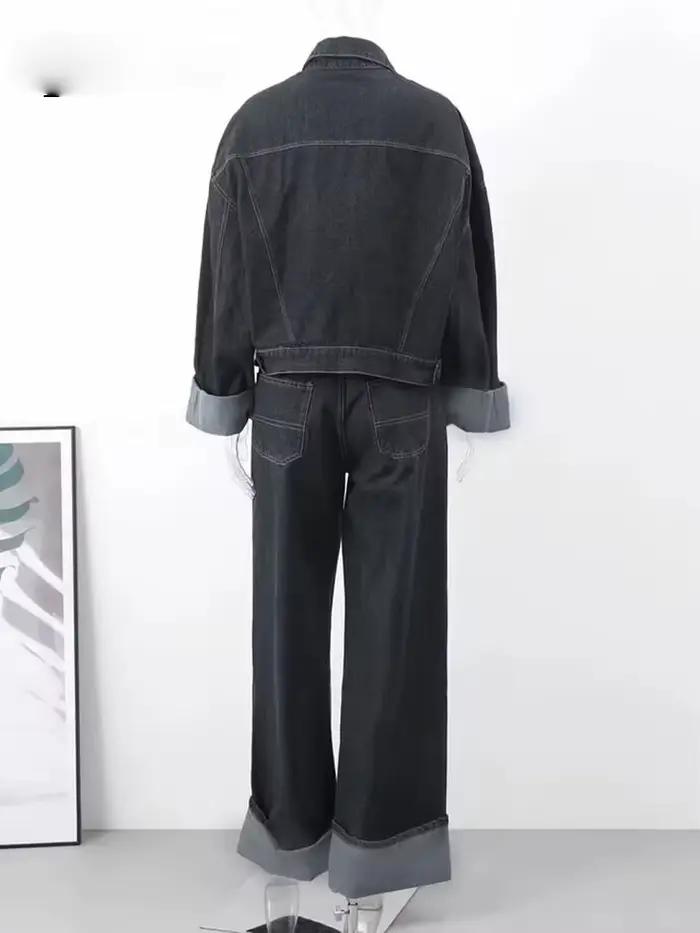 Pantalon en Denim taille haute pour femme, jambes larges + manches longues avec poches à rabat, mant