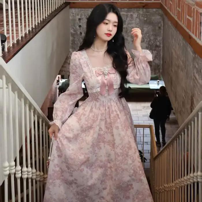 Robe mi-longue à manches longues pour femmes, douce princesse, imprimé Floral, taille flatteuse, nœu