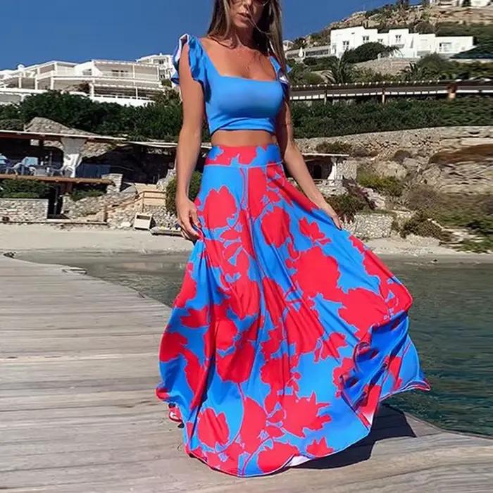 Ensemble 2 pièces grande taille pour femmes, haut court + jupe longue taille haute, ensembles Maxi a