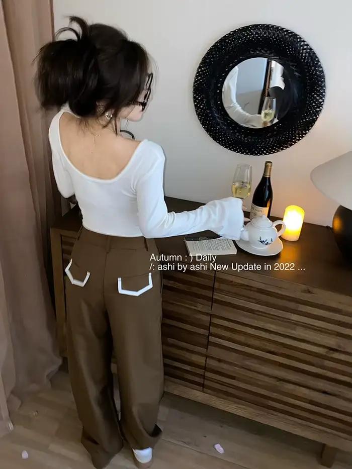 Contest ERART-Haut court à manches longues évasées pour femmes, tunique basique, haut en tricot, bei