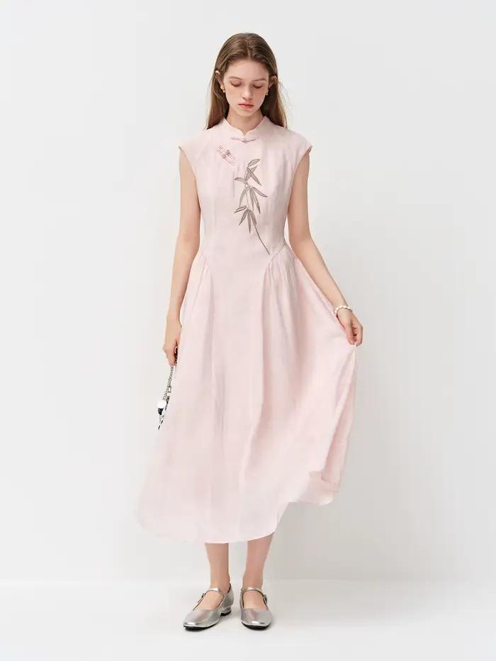 FSLE Nouvelle Robe Longue Slim Broderie Style Chinois pour Femme, Nouveautés Été 2026, Jupe Trapèze