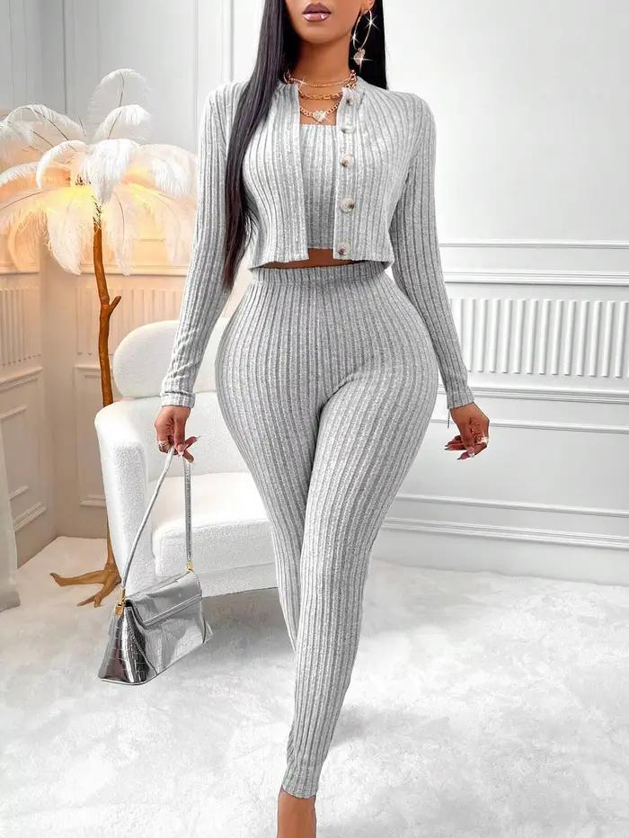 Ensemble 3 pièces de camisole, veste à boutons sur le devant et leggings de couleur unie