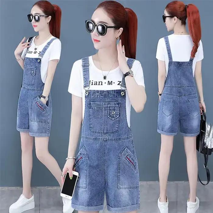 Salopette en jean denim pour femmes, barboteuse d'été, baggy, couleur unie, combinaison pour étudian