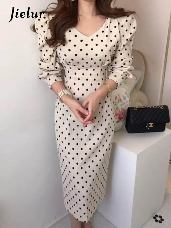 Jielur-Robe en velours côtelé vintage élégante à pois pour femmes, robes mi-longues coréennes à manc