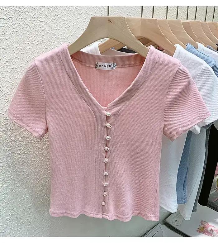 T-shirt court à col en V avec boutons en perles pour femme, cardigan slim, monochrome, t-shirt d'été