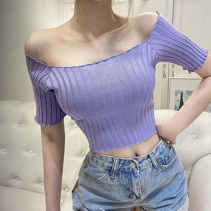 T-shirt manches courtes femme, épaules dénudées, côtelé, violet, Y2k, décontracté, slim, à volants,