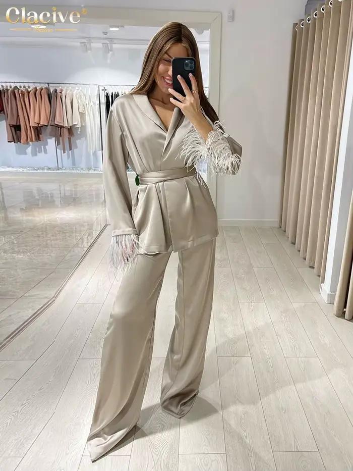 Clacive casual ample maison costume automne mode kaki Satin large pantalon ensemble élégant à manche
