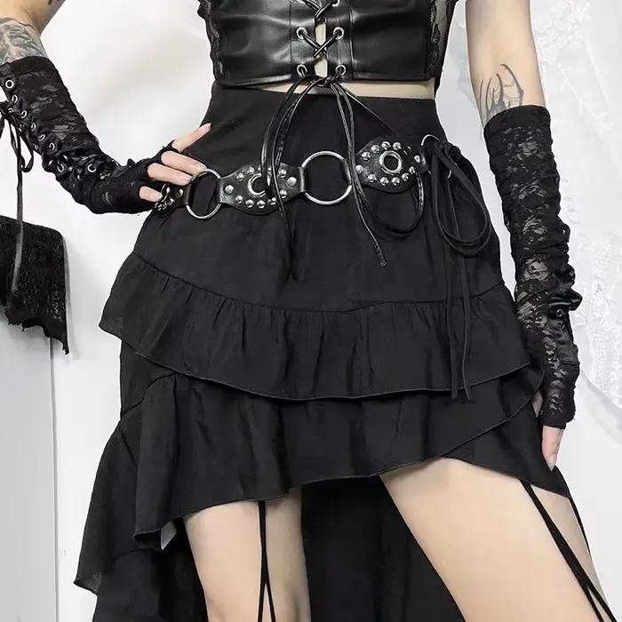Goth foncé Kawaii noir jupes à plusieurs niveaux 90S rétro ourlet irrégulier bas de fête centre comm