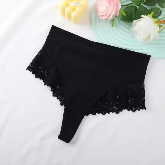 Culotte taille haute en dentelle épissée pour femme, lingerie avec nœud papillon, tongs à l'entrejam