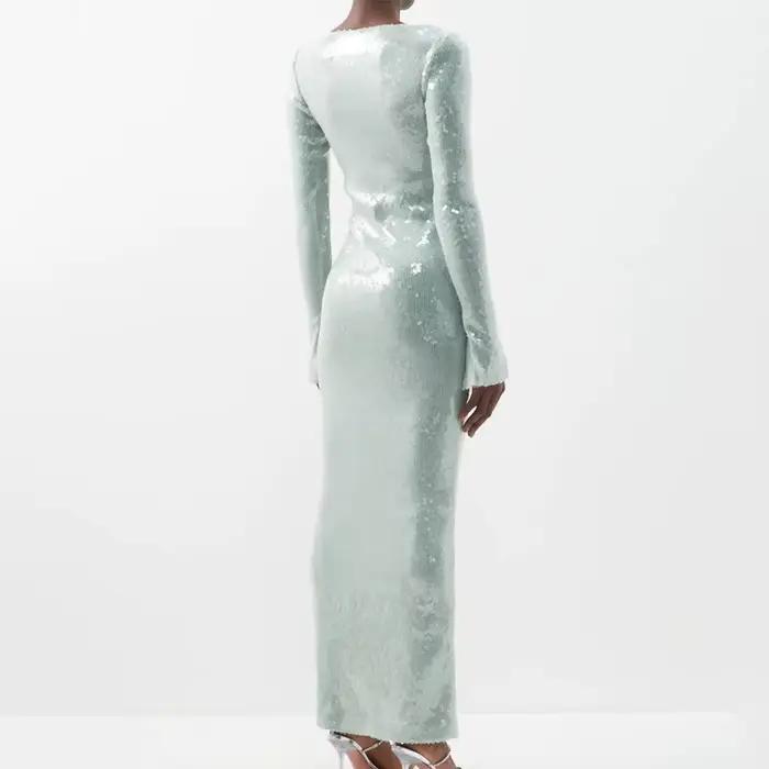 Robe de soirée sexy à sequins pour femmes, col en V, manches à clapet, jupe avec ourlet fendu, boîte