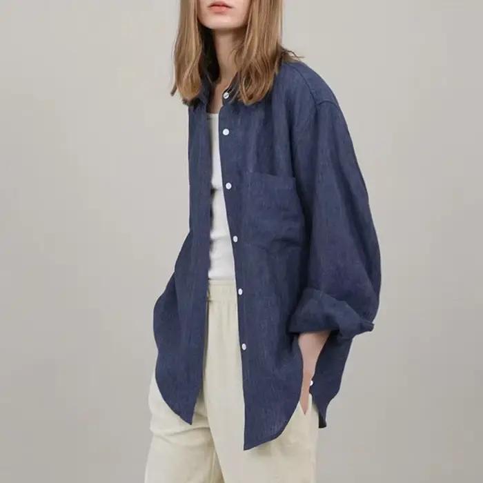 Chemisier surdimensionné à col rabattu pour femme, chemise décontractée en lin, manches longues, élé