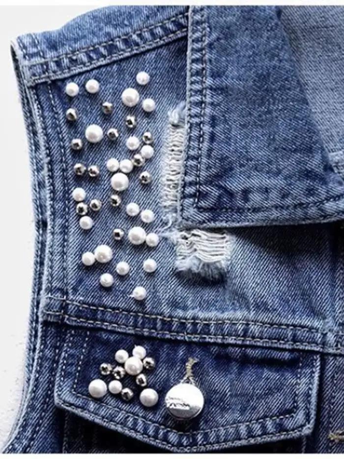 JMPRS Denim femmes gilet de luxe perles mode déchiré automne jean veste sans manches ample court man