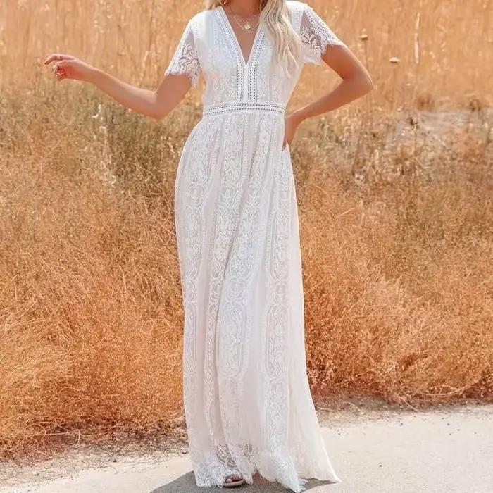 Robe en dentelle taille haute à col en V pour femmes, robes de soirée élégantes, longue robe de plag