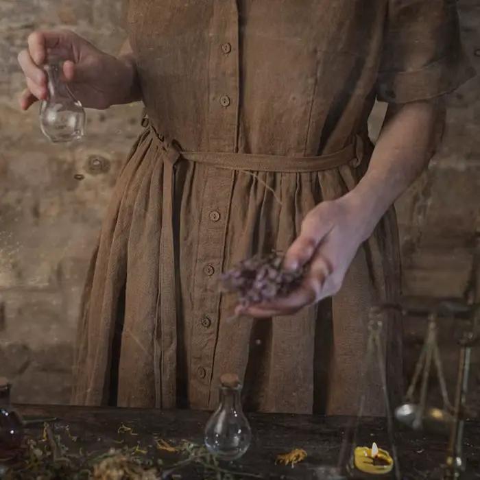 Robe longue rétro en coton et lin pour femme, col en V, manches courtes, boutons, couleur unie, stre