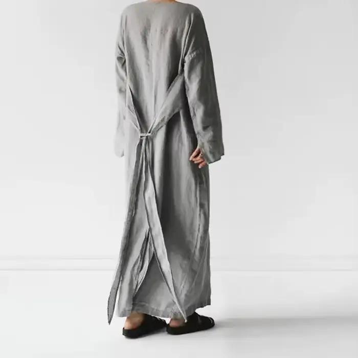 Robe longue décontractée en coton pour femmes, col rond, manches longues, gris uni, plis de document